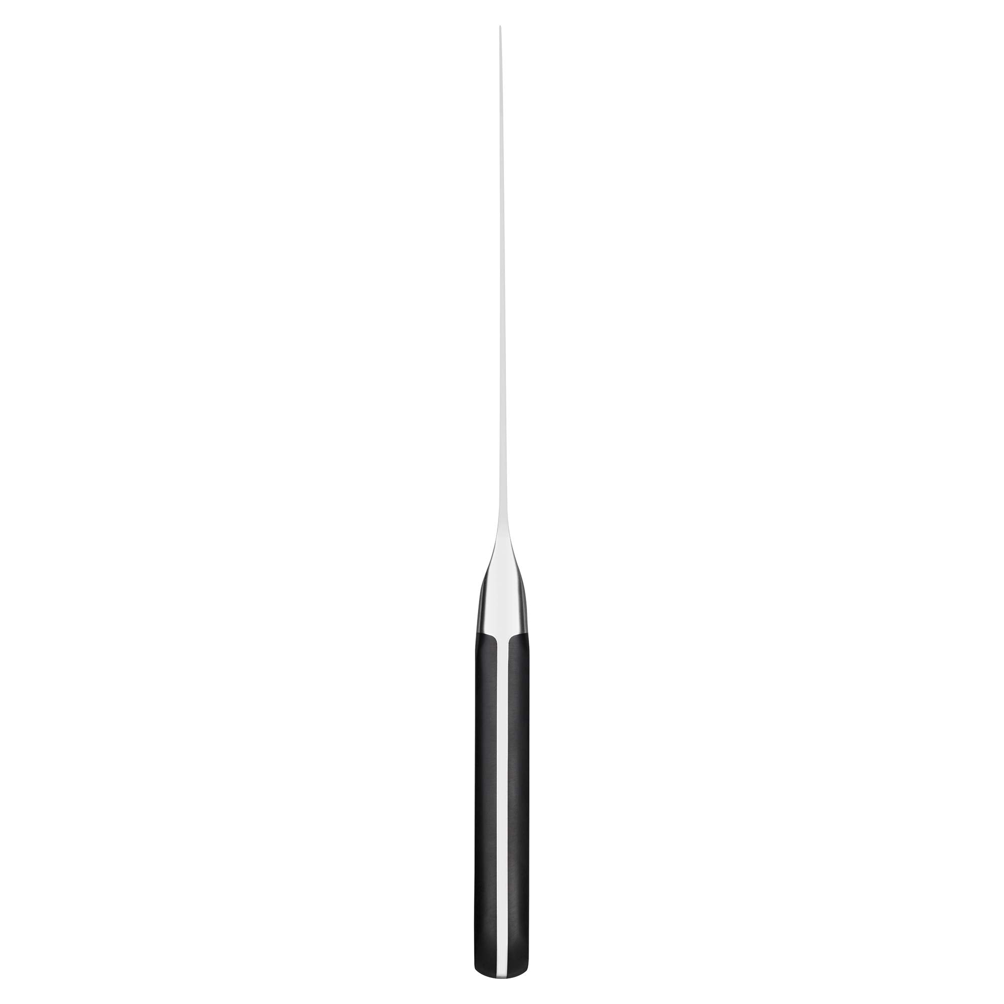 Zwilling Pro curved bolster demonstrates ergonomic grip for safer, controlled slicing.