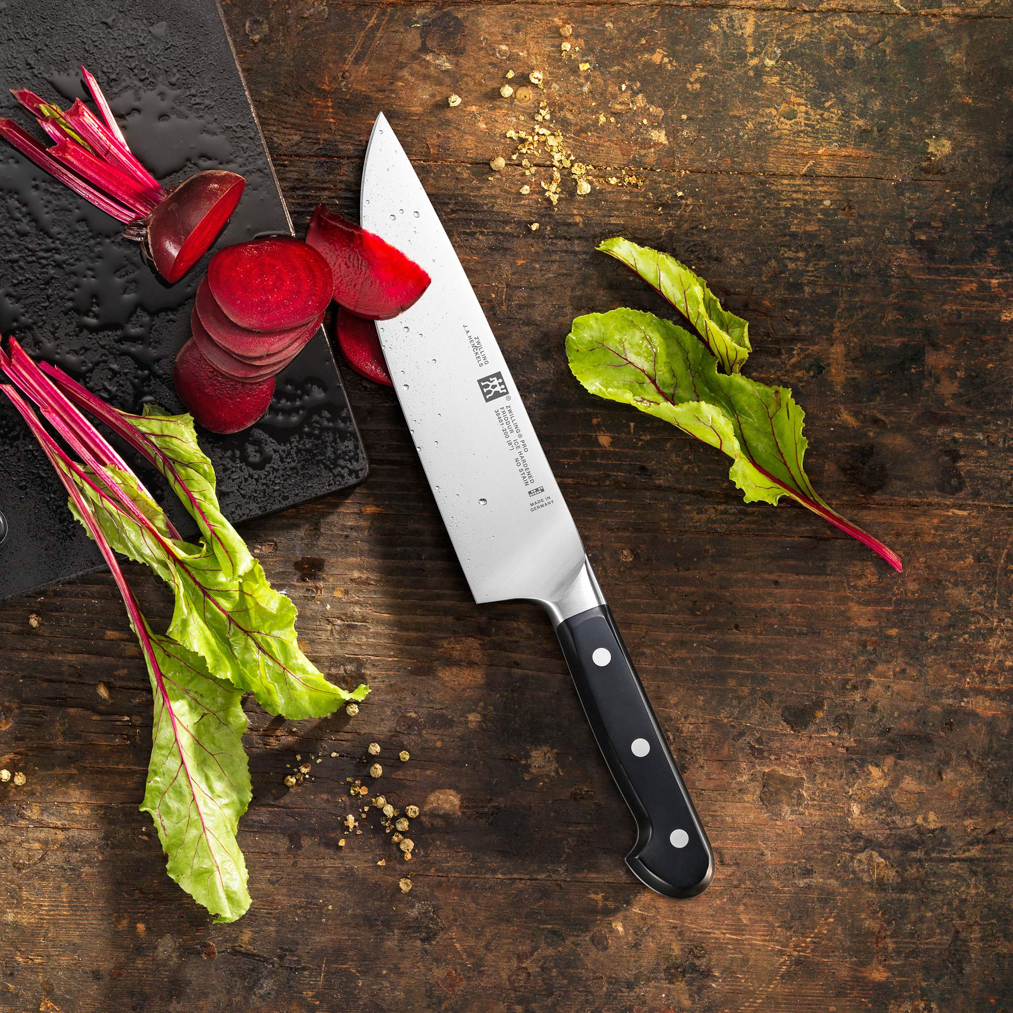 Zwilling Pro razor-edge showcases long-lasting sharpness and responsive cutting action.