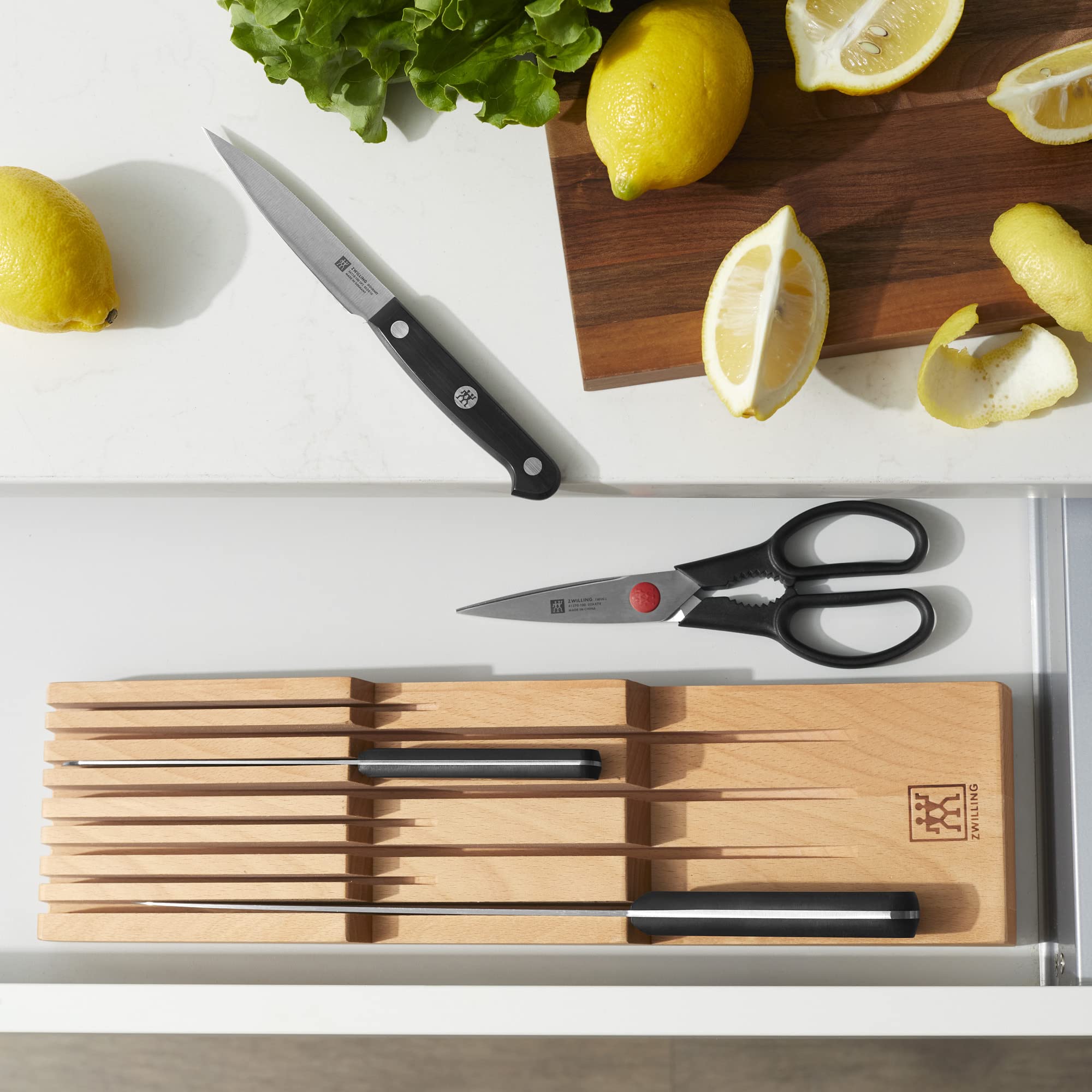 ZWILLING in-drawer knife organizer closeup shows sturdy beechwood construction and safe knife storage