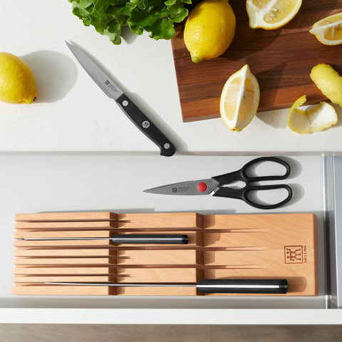 ZWILLING in-drawer knife organizer closeup shows sturdy beechwood construction and safe knife storage