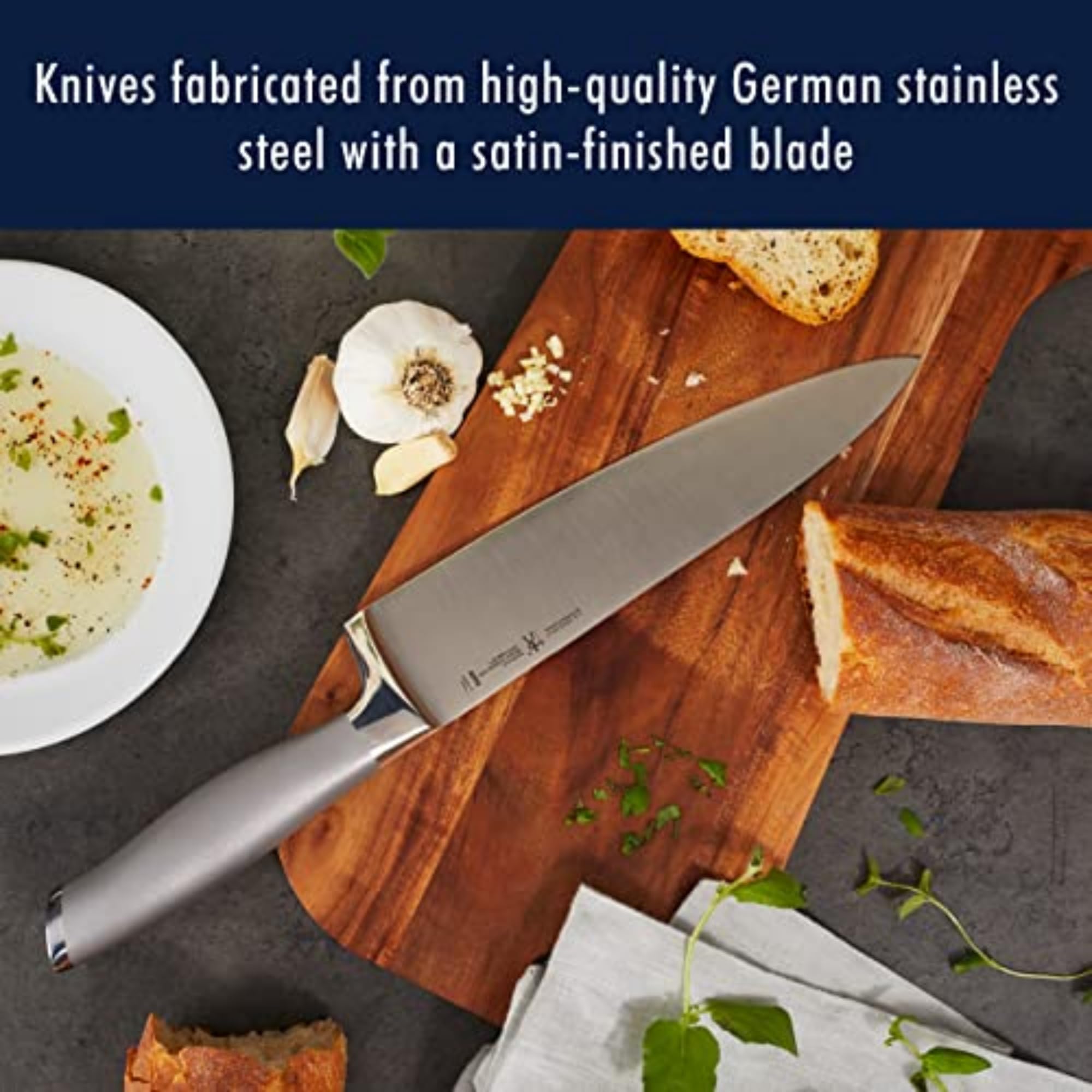 ZWILLING Modernist 7-inch santoku with grantons prevents sticking during prep.