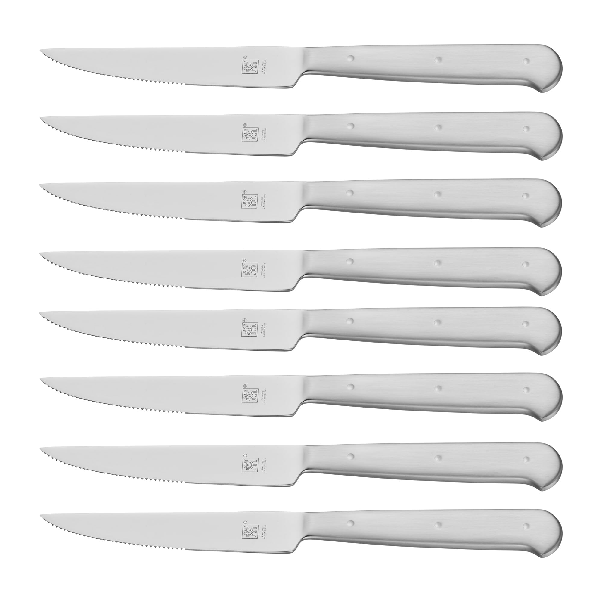 ZWILLING Porterhouse steak knives set shows eight blades in a black presentation case, ideal for gift-ready storage.
