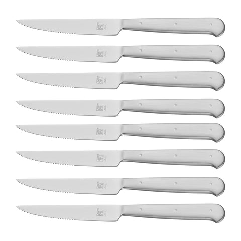 ZWILLING Porterhouse steak knives set shows eight blades in a black presentation case, ideal for gift-ready storage.