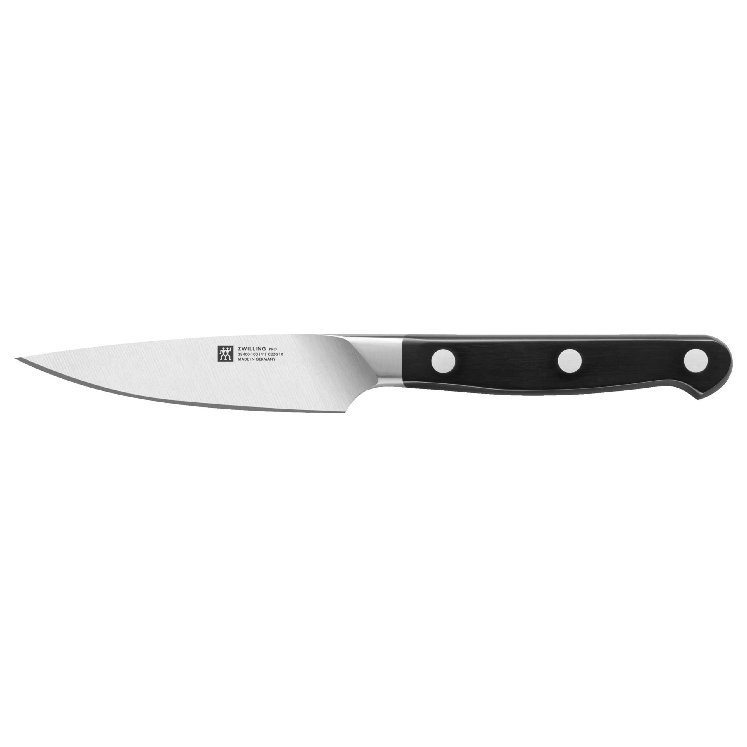 Zwilling Pro paring knife with silver blade closeup for precise peeling.