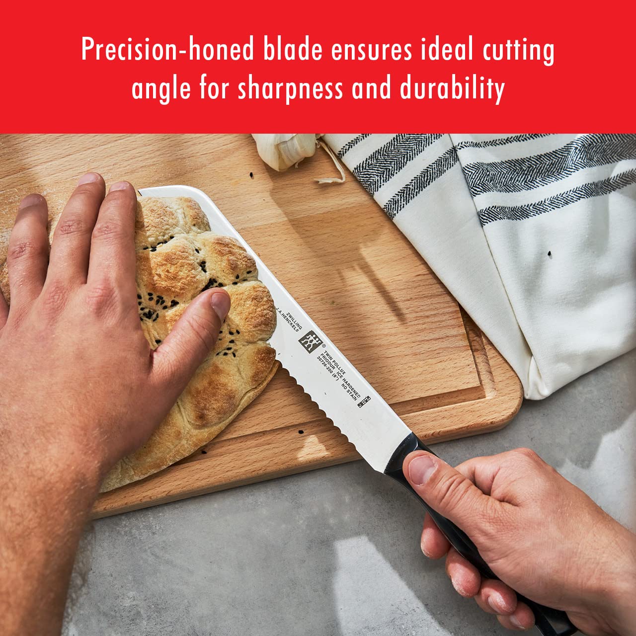 ZWILLING Twin Signature 8-inch bread knife one-piece blade offers lightweight strength.