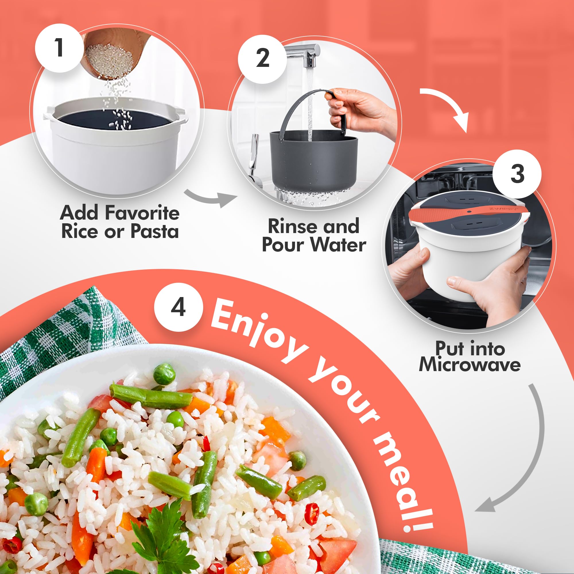 Zwippy built-in colander helps drain pasta and wash rice effortlessly