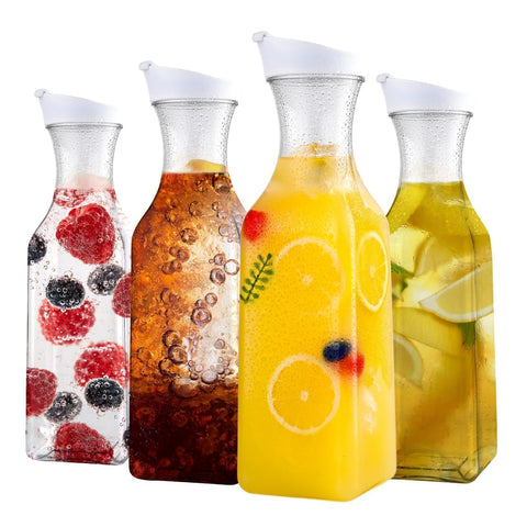 ZWYSLFCY 4-pack plastic carafes with lids for easy mimosa bars and juices.
