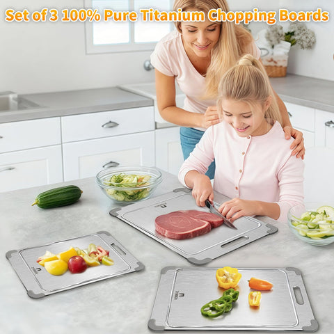 ZYBIDEAL titanium cutting board with double-sided design enables dual prep areas.