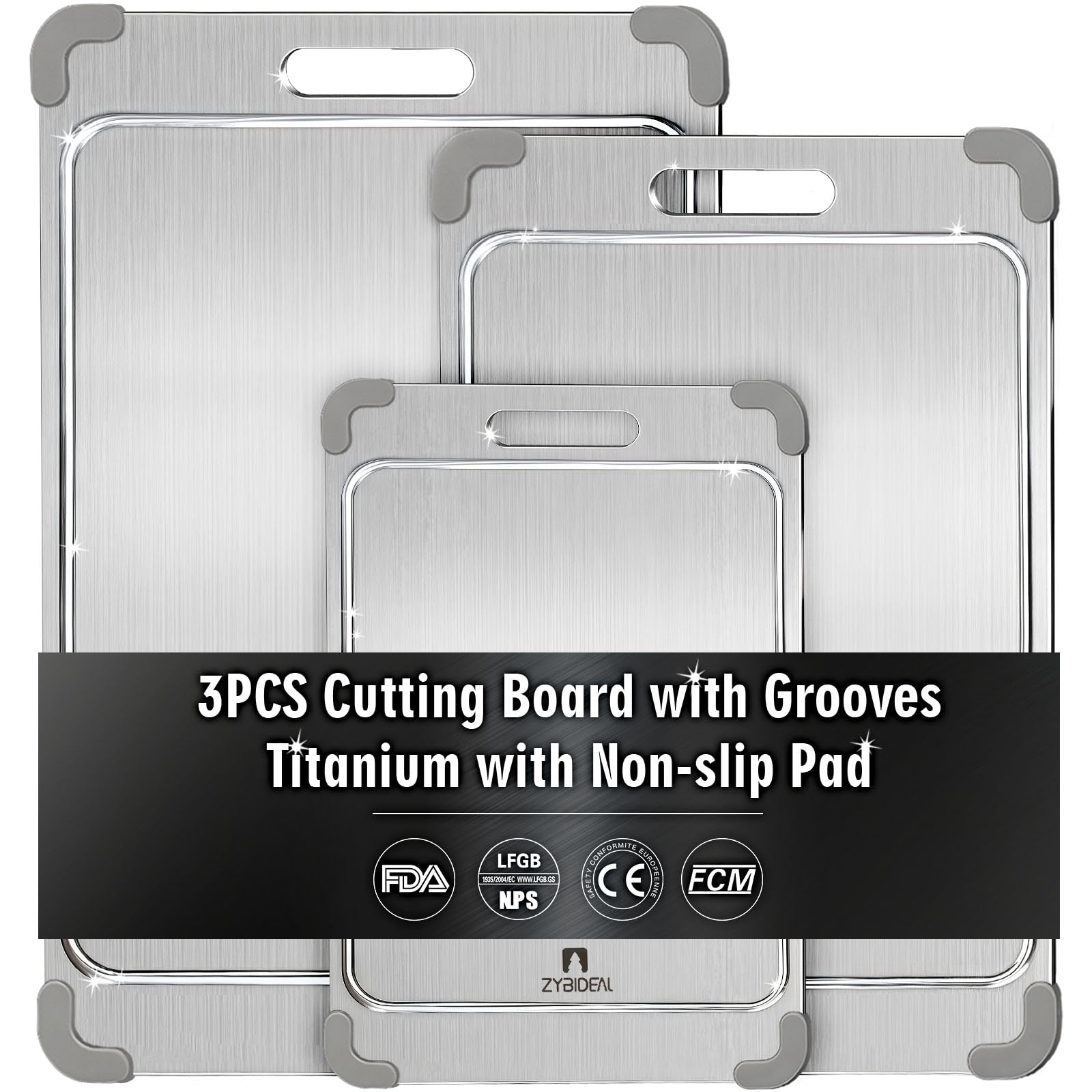 ZYBIDEAL titanium cutting board set front view shows sleek grey finish for versatile prep.
