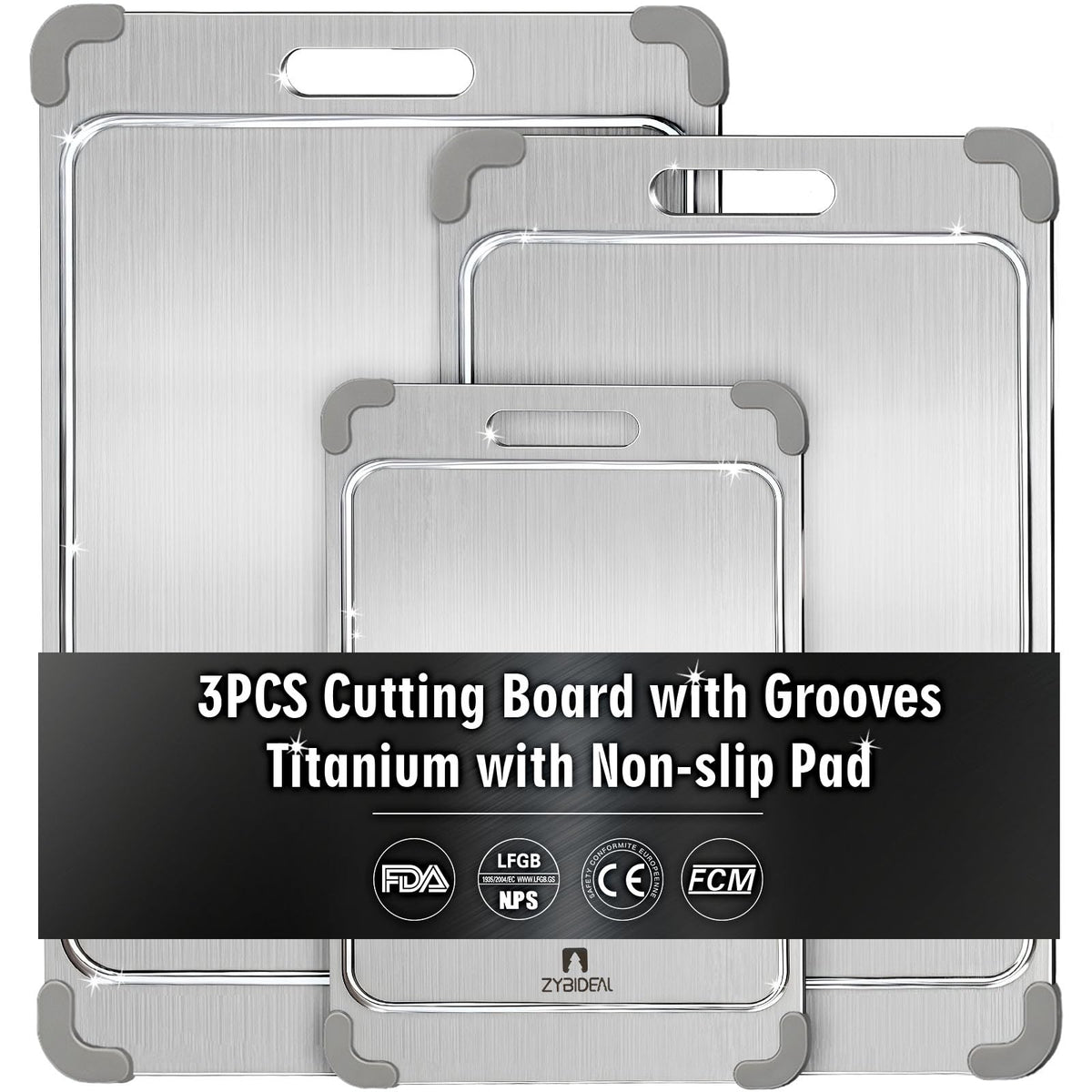 ZYBIDEAL titanium cutting board set front view shows sleek grey finish for versatile prep.