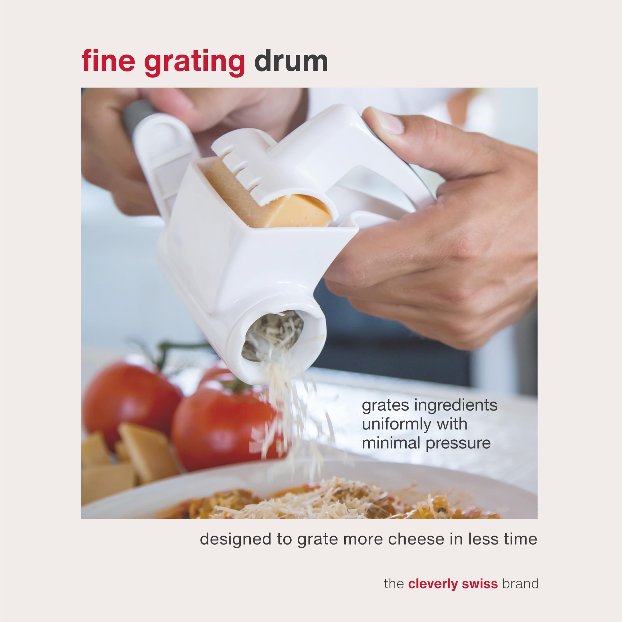 Zyliss Classic Rotary Cheese Grater with a non-slip knob for stable shredding.