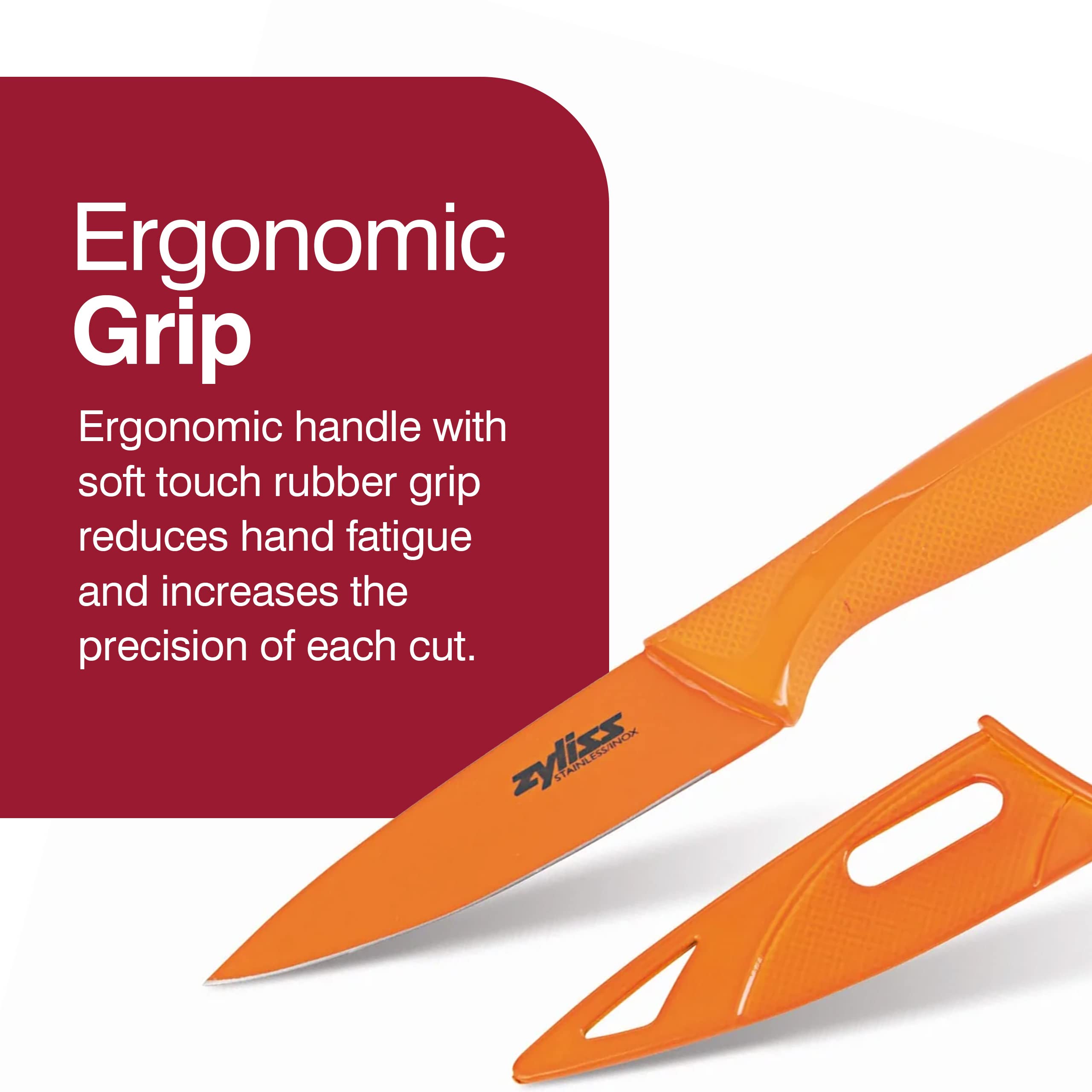 Zyliss ergonomic soft-touch handle reduces fatigue during peeling and slicing tasks.