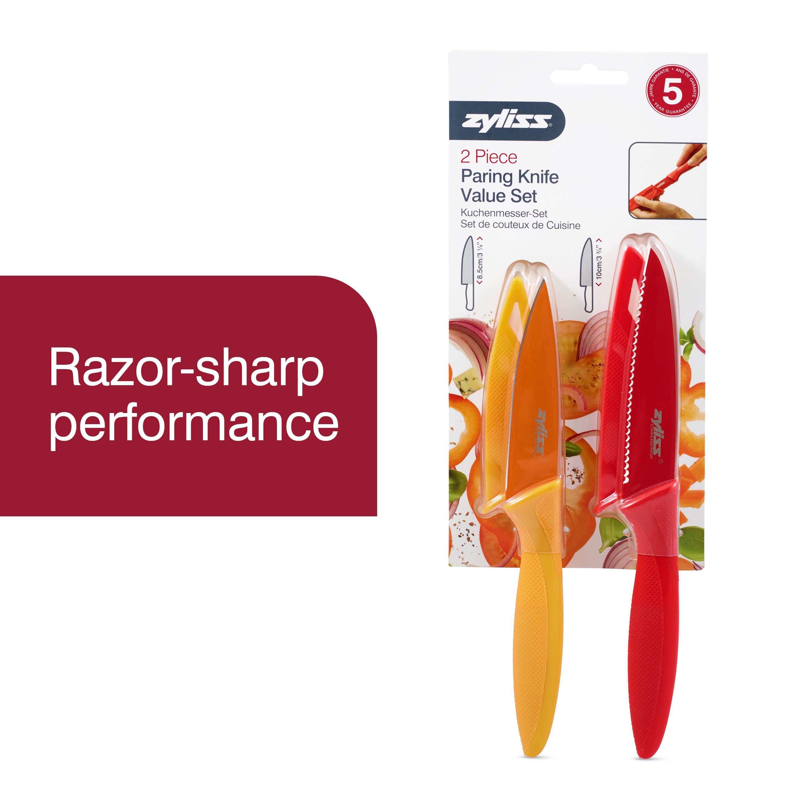 Zyliss high-carbon stainless steel blade close-up showing sharp, durable edge.