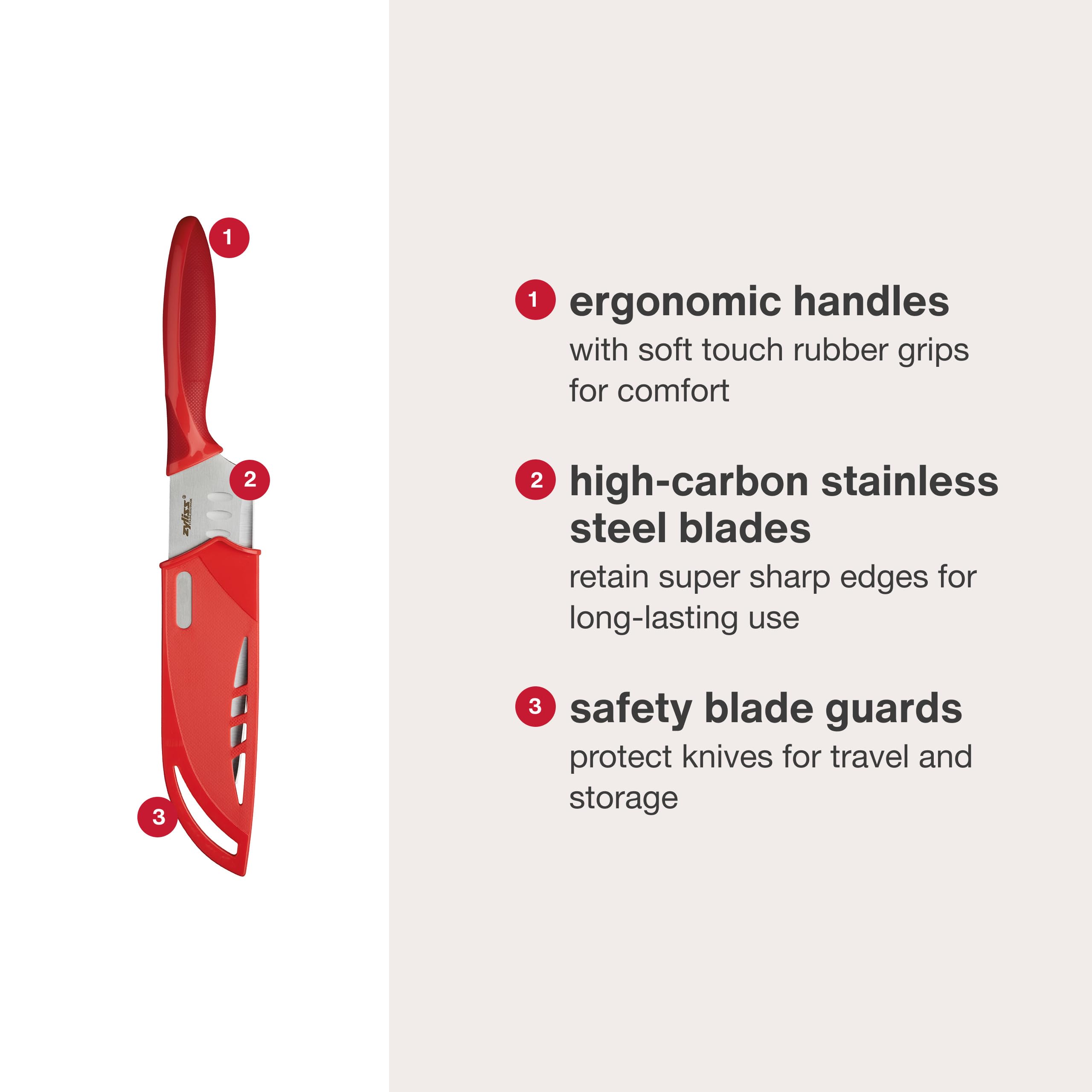 Zyliss high-carbon stainless steel blades maintain edge for long-lasting sharpness.