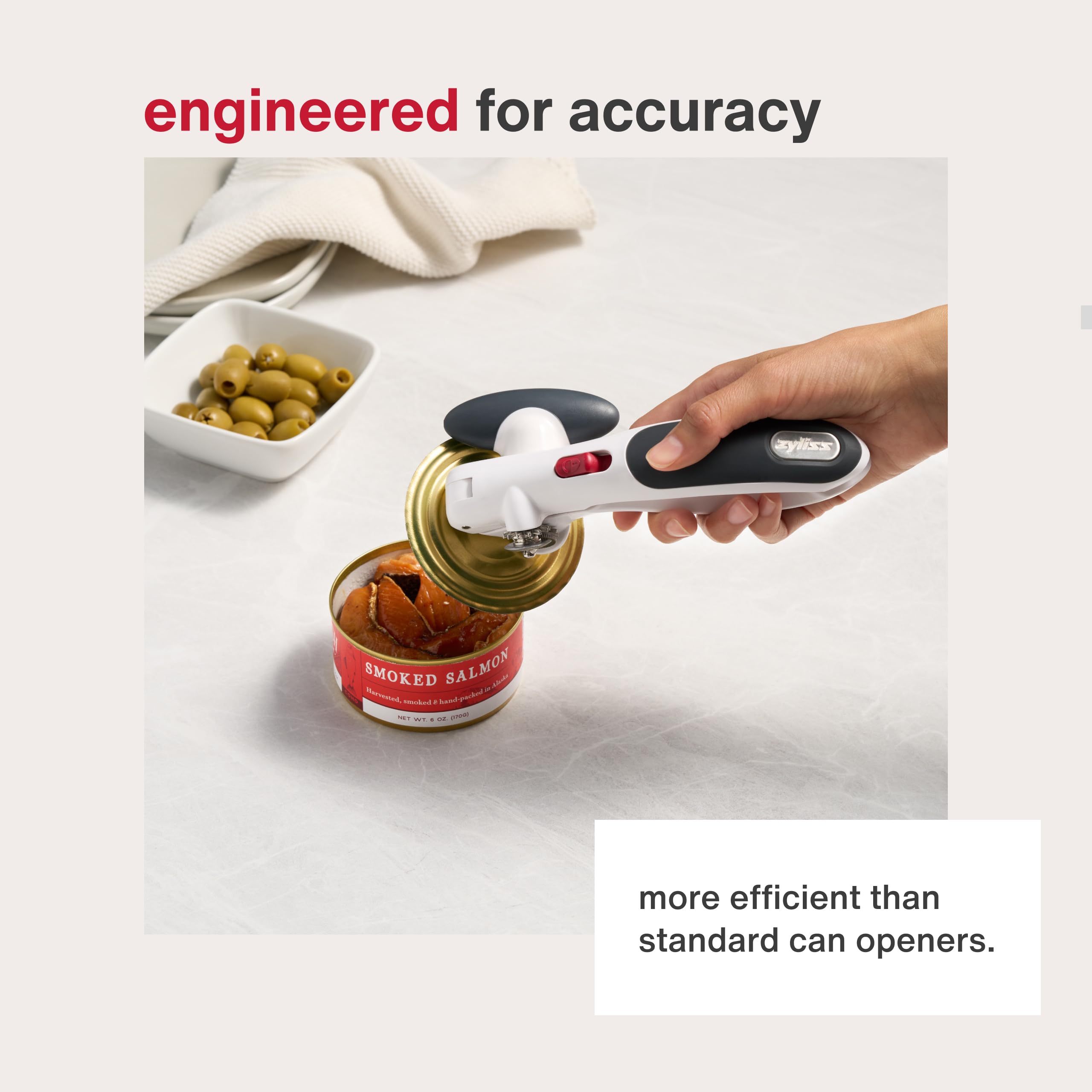 Easy-turning design minimizes effort when opening cans with Zyliss opener.