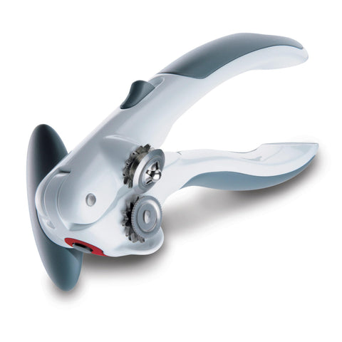 Zyliss Lock N' Lift can opener with locking mechanism reduces hand strain during use.
