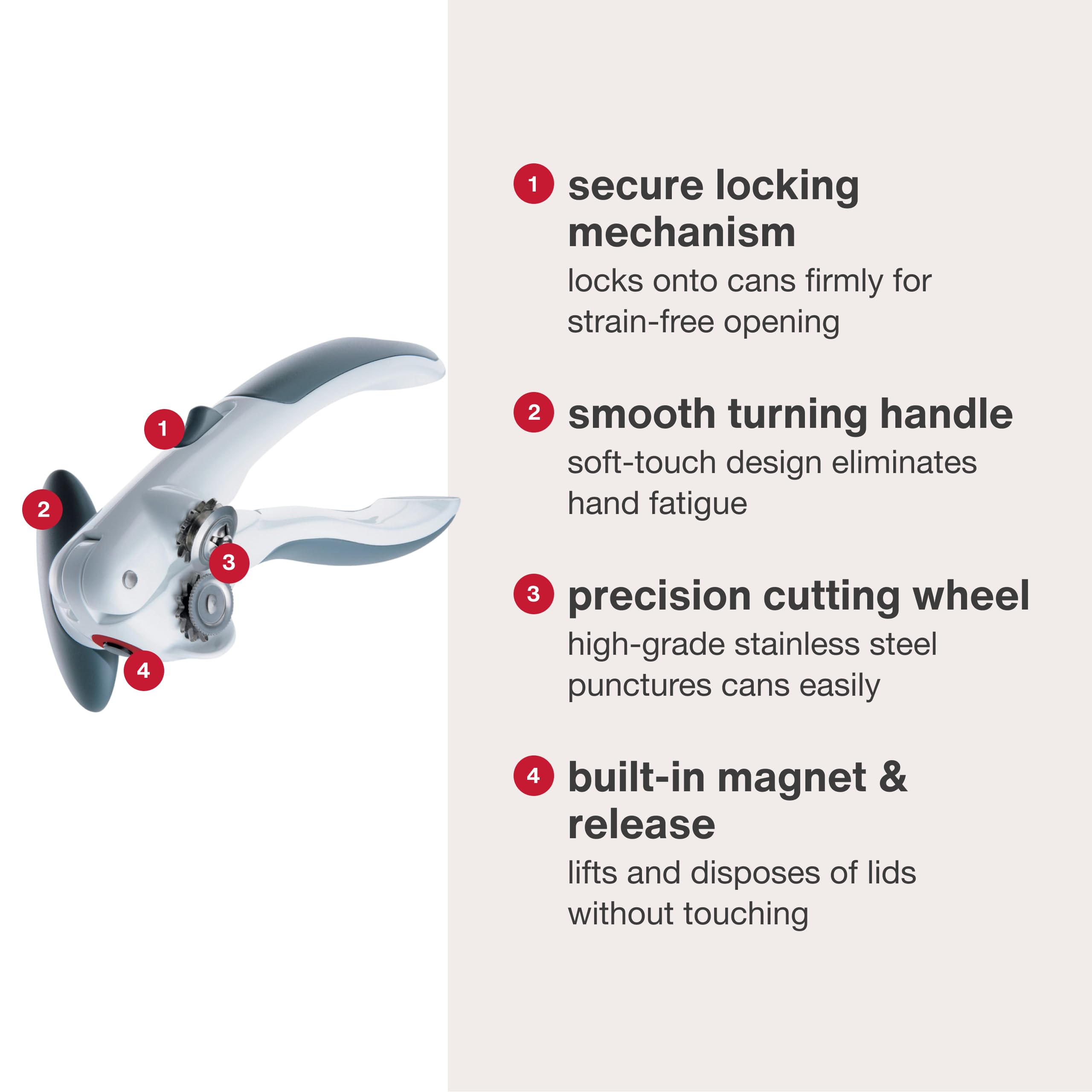 Stainless steel teeth ensure smooth, consistent cuts on cans with Zyliss tool.