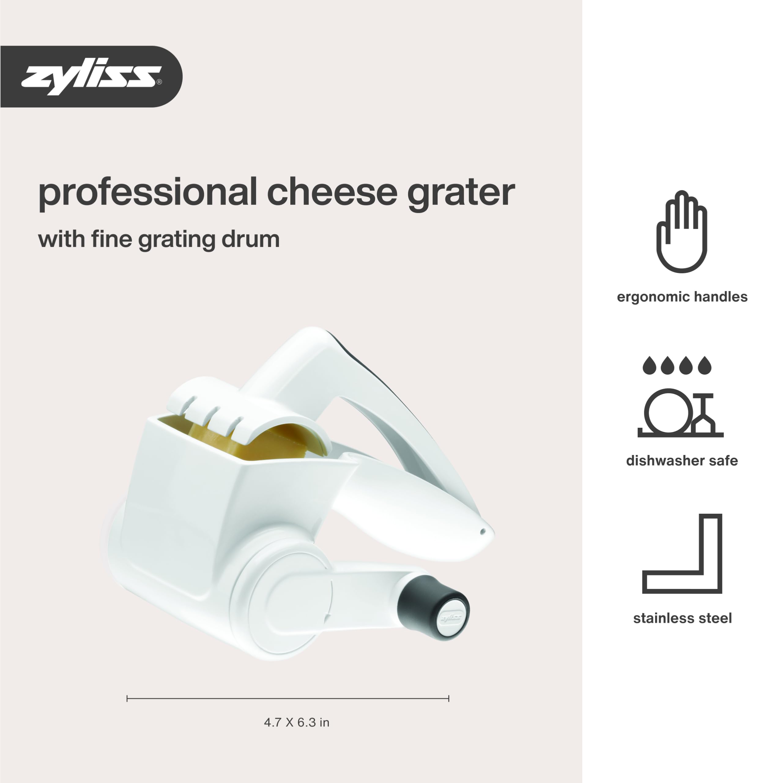 Zyliss NSF-certified cheese grater highlights restaurant-grade hygiene and safety.