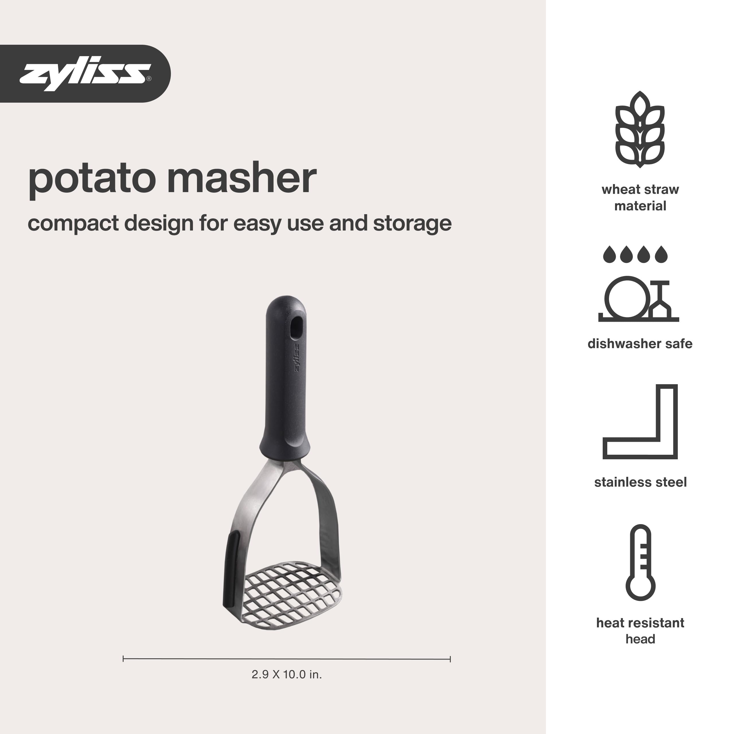 Zyliss potato masher in use inside a bowl for mashing.