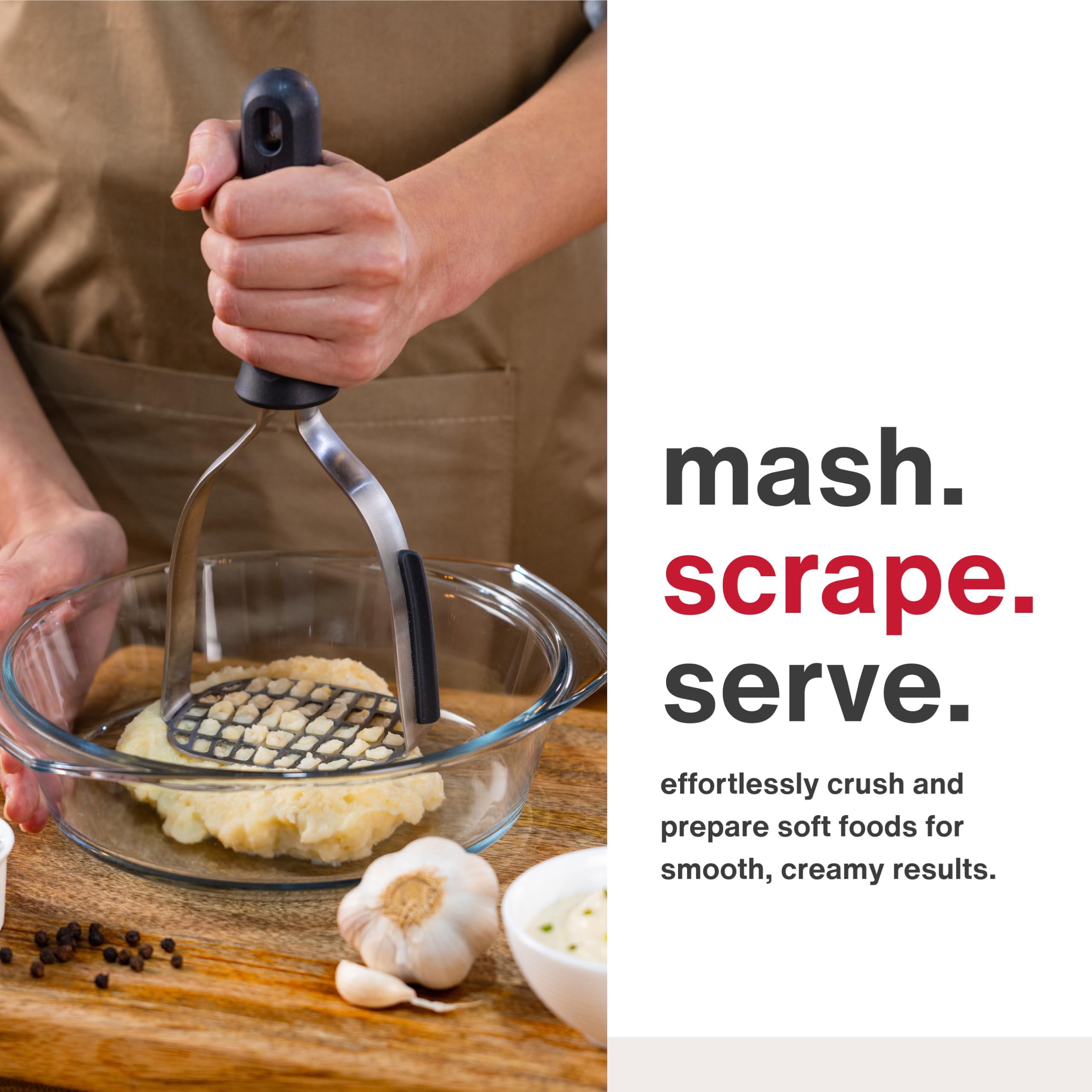 Zyliss masher features sturdy wires for creamy potato mash textures.