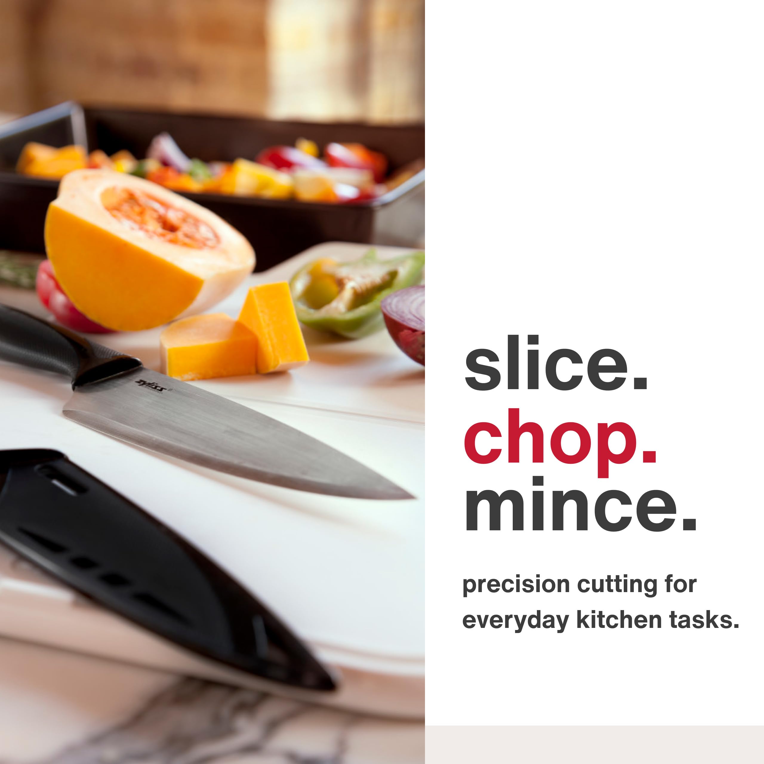 Zyliss stainless steel knife blade, durable edge for fruits, vegetables, and meats.