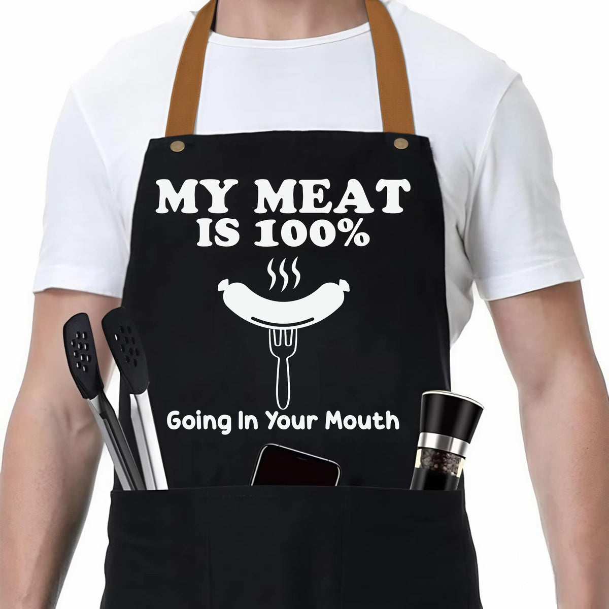 ZYNINORA apron with meat-in-mouth gag for bold grill moments.