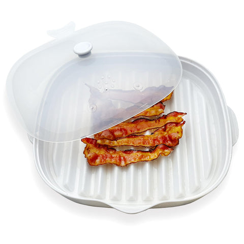 ZYXGOGOGO microwave bacon cooker tray with splatter lid showing a clean, crisp result