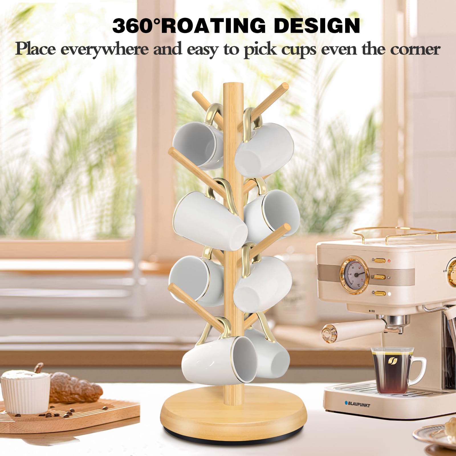 ZYZWTG Wood Coffee Mug Rack with 8 hooks keeps mugs organized and within reach.